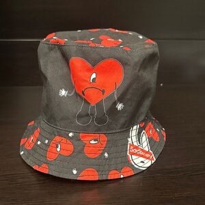 Bad Bunny Black Bucket Hat with Red Hearts